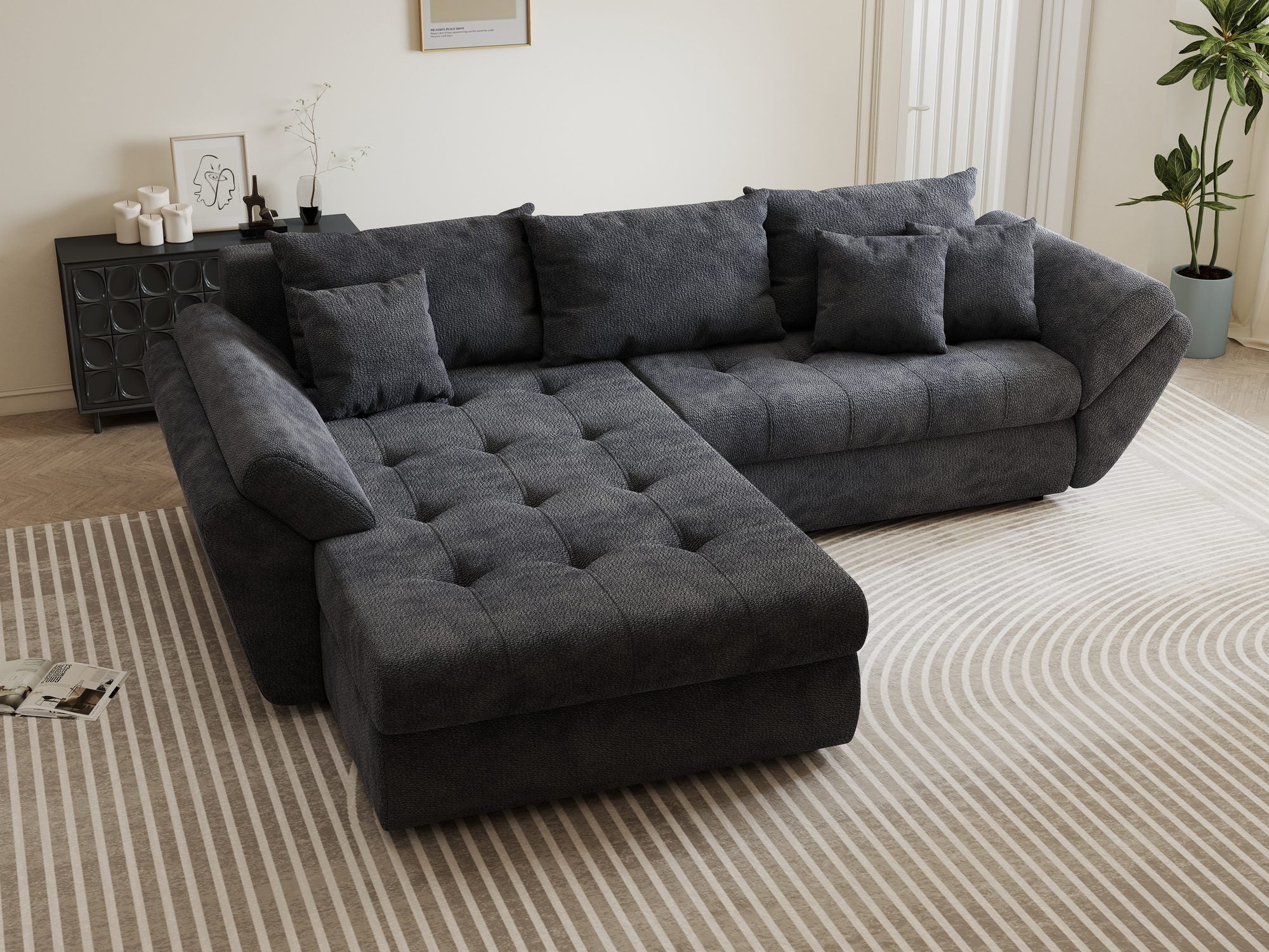 Colțar extensibil dumonde cu ladă de depozitare si sezut confortabil din spuma high-density, Loana Vibe Gri antracit 270x185 cm