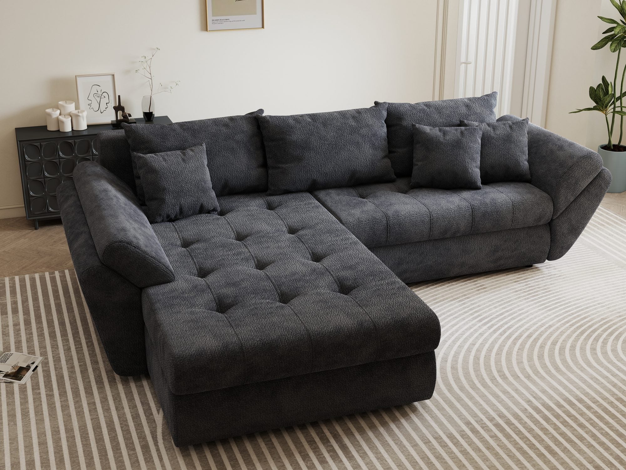 Colțar extensibil dumonde cu ladă de depozitare si sezut confortabil din spuma high-density, Loana Vibe Gri antracit 270x185 cm