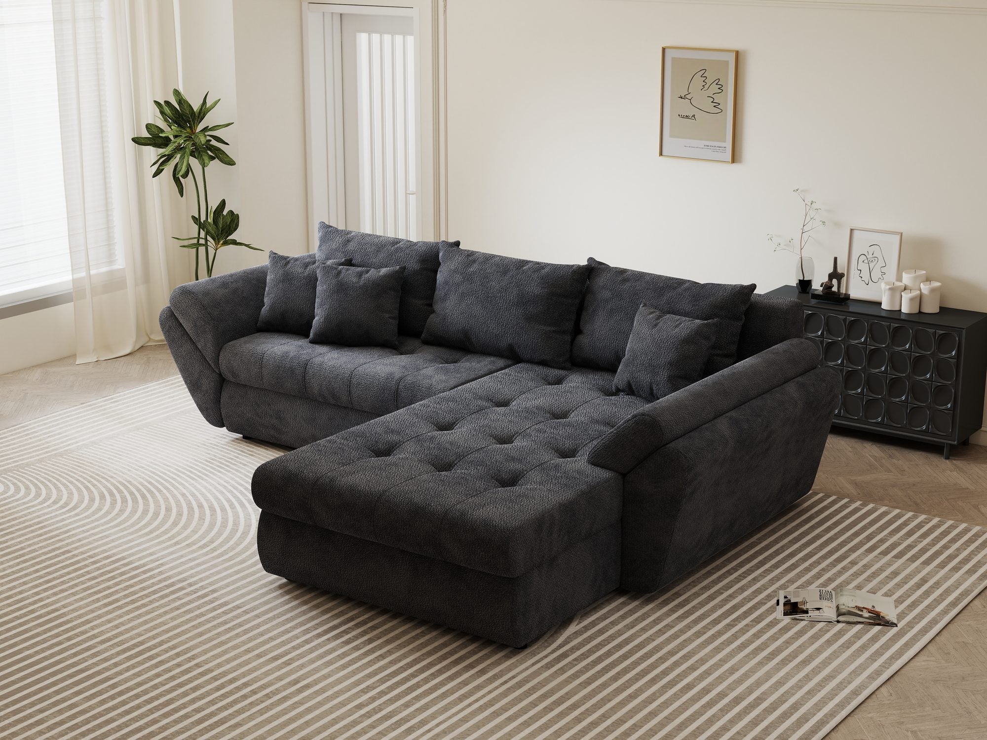 Colțar extensibil dumonde cu ladă de depozitare si sezut confortabil din spuma high-density, Loana Vibe Gri antracit II 270x185 cm