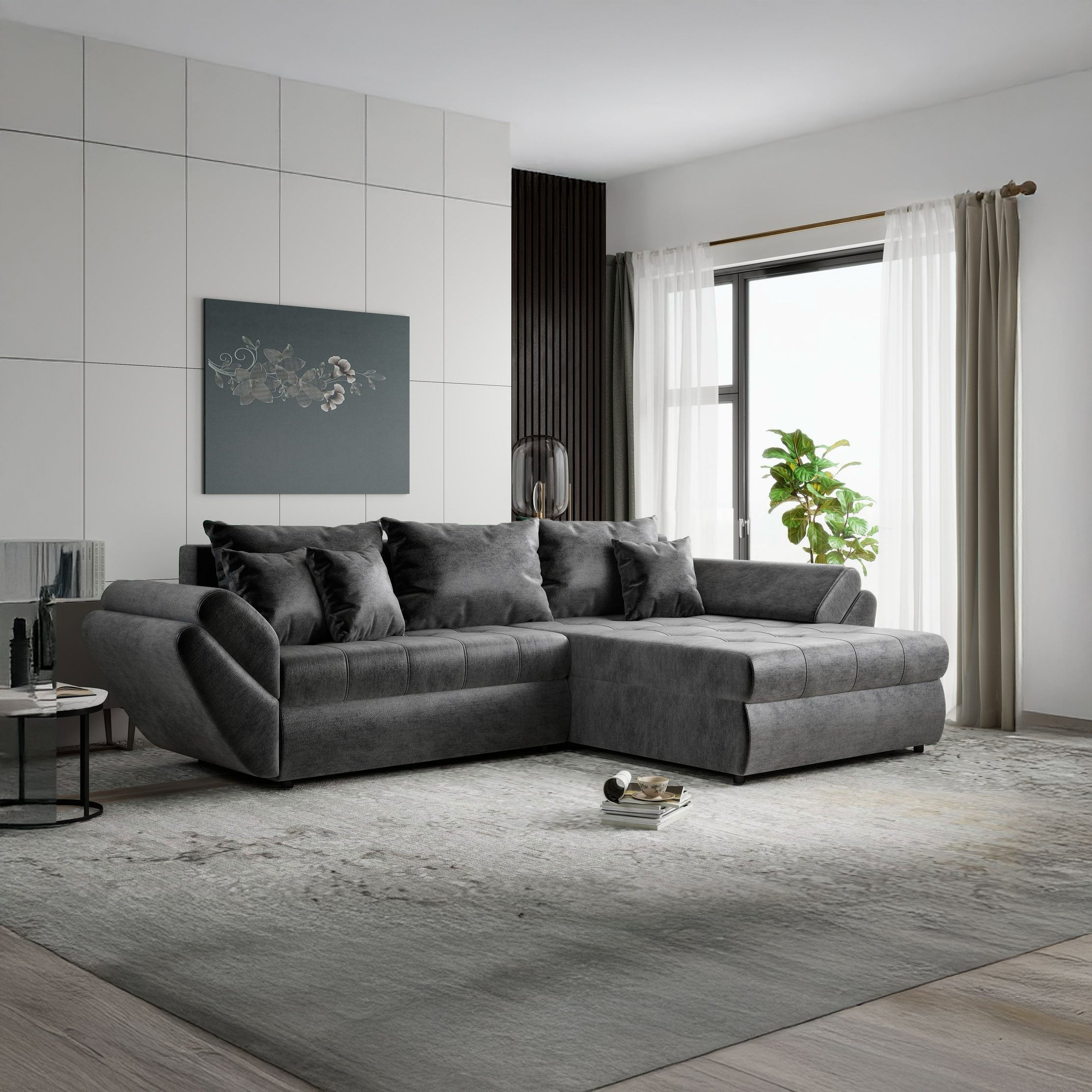 Colțar extensibil dumonde cu ladă de depozitare si sezut confortabil din spuma high-density, Loana Monolith Gri antracit II 270x185 cm