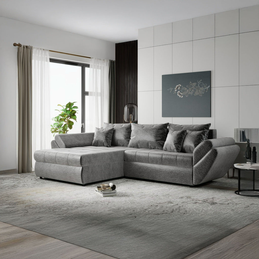 Colțar extensibil dumonde cu ladă de depozitare si sezut confortabil din spuma high-density, Loana Monolith Gri 270x185 cm