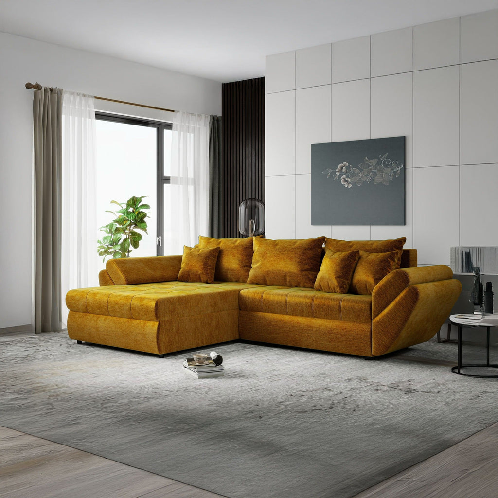 Colțar extensibil dumonde cu ladă de depozitare si sezut confortabil din spuma high-density, Loana Monolith Mustar 270x185 cm