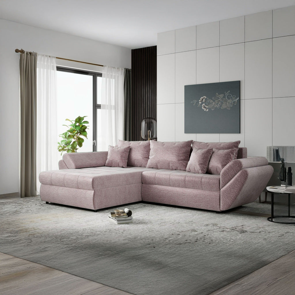 Colțar extensibil dumonde cu ladă de depozitare si sezut confortabil din spuma high-density, Loana Monolith Roz pudrat 270x185 cm