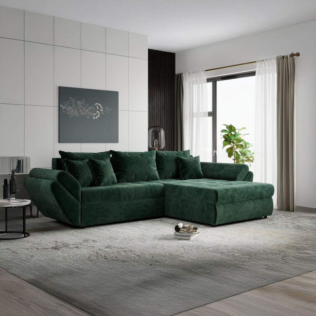 Colțar extensibil dumonde cu ladă de depozitare si sezut confortabil din spuma high-density, Loana Monolith Verde II 270x185 cm
