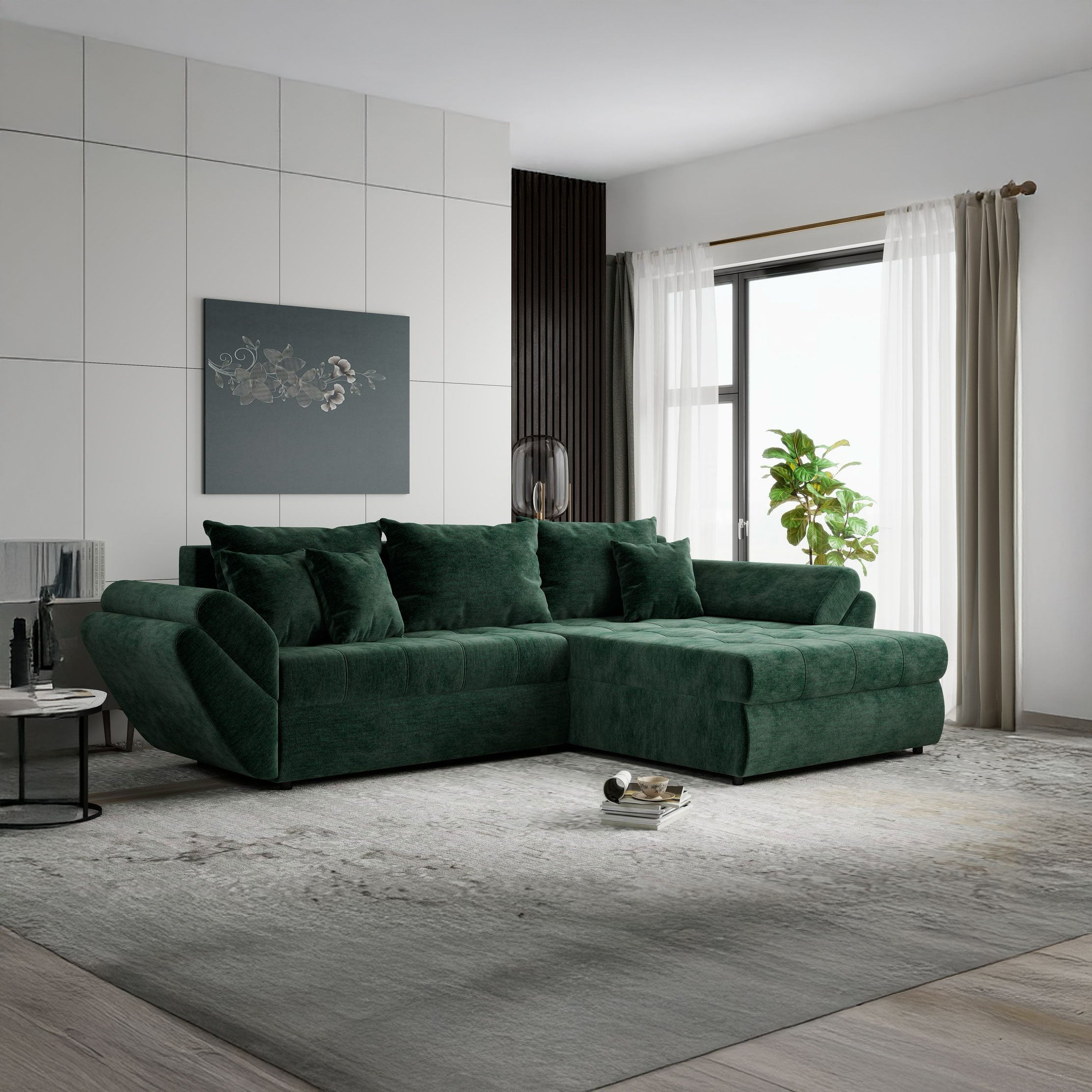 Colțar extensibil dumonde cu ladă de depozitare si sezut confortabil din spuma high-density, Loana Monolith Verde II 270x185 cm