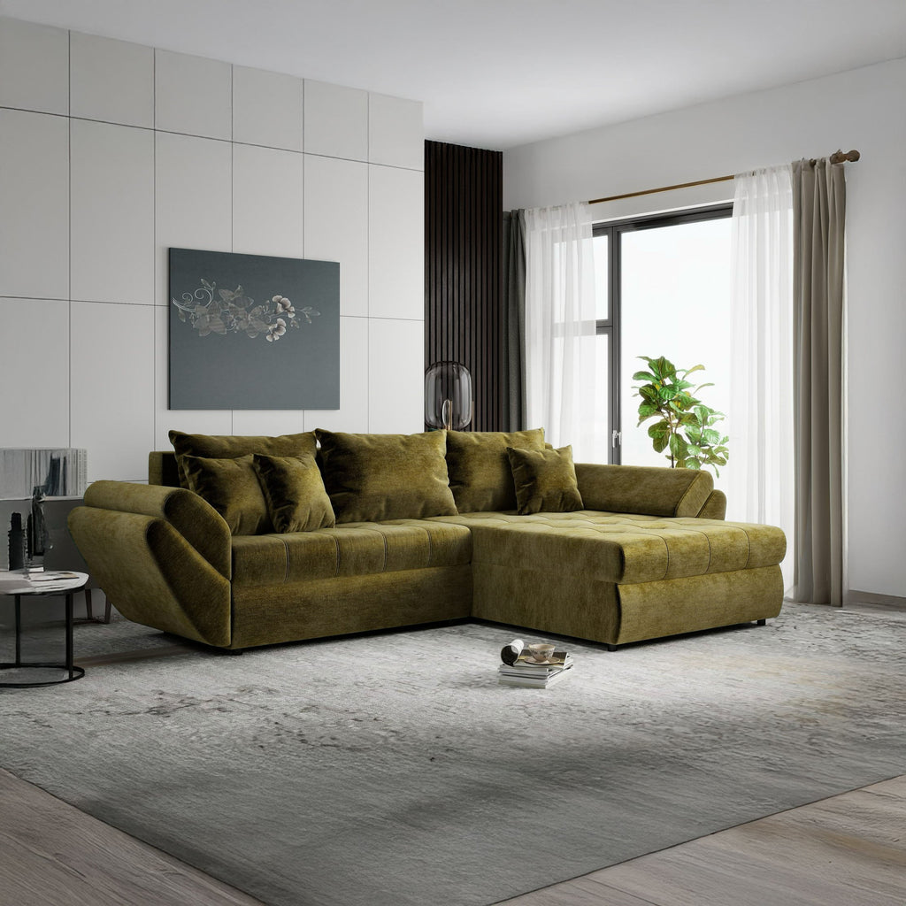 Colțar extensibil dumonde cu ladă de depozitare si sezut confortabil din spuma high-density, Loana Monolith Verde olive II 270x185 cm
