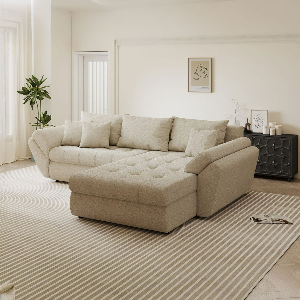 Colțar extensibil dumonde cu ladă de depozitare si sezut confortabil din spuma high-density, Loana Monte Bej II 270x185 cm