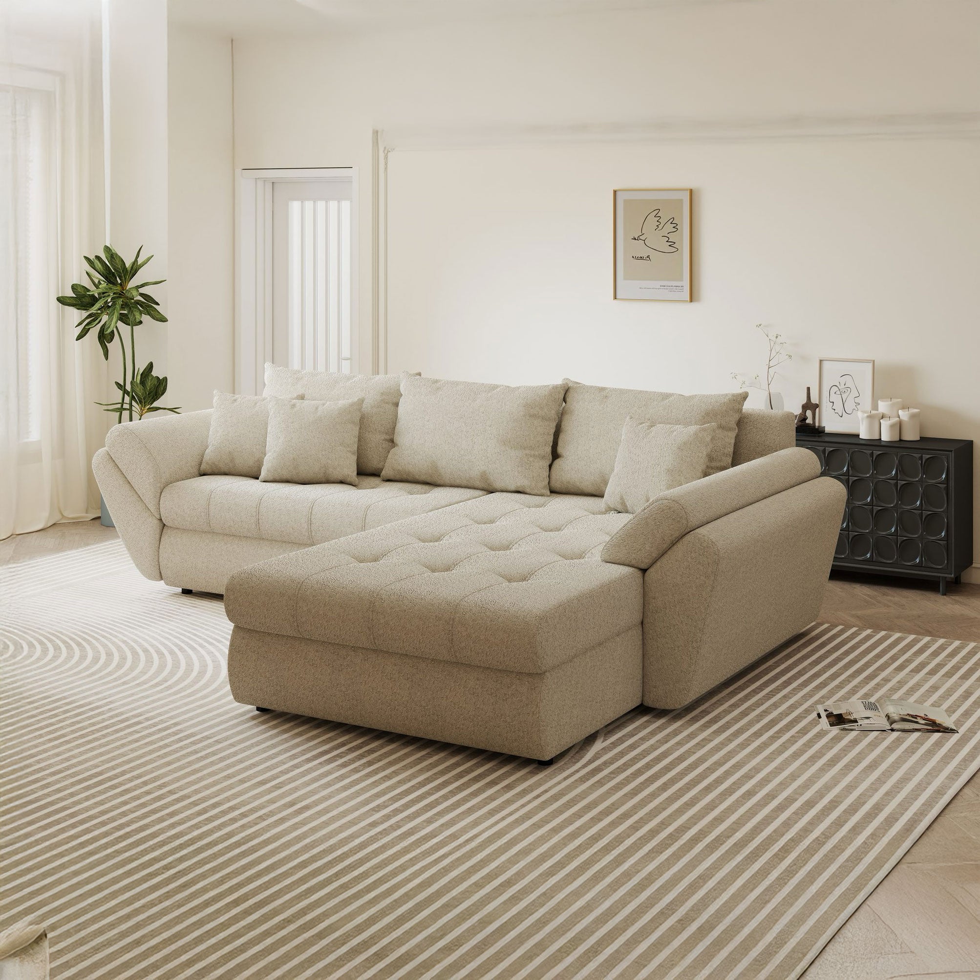 Colțar extensibil dumonde cu ladă de depozitare si sezut confortabil din spuma high-density, Loana Monte Bej II 270x185 cm