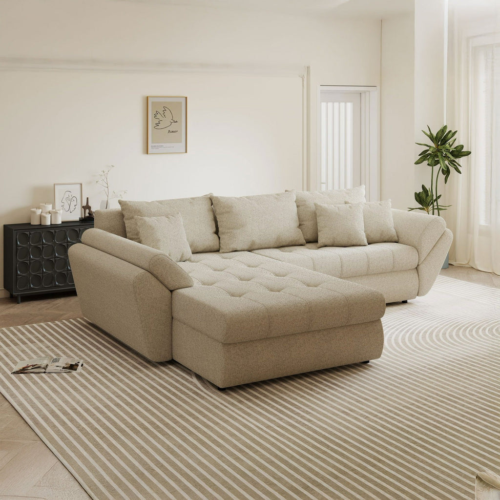Colțar extensibil dumonde cu ladă de depozitare si sezut confortabil din spuma high-density, Loana Monte Bej 270x185 cm