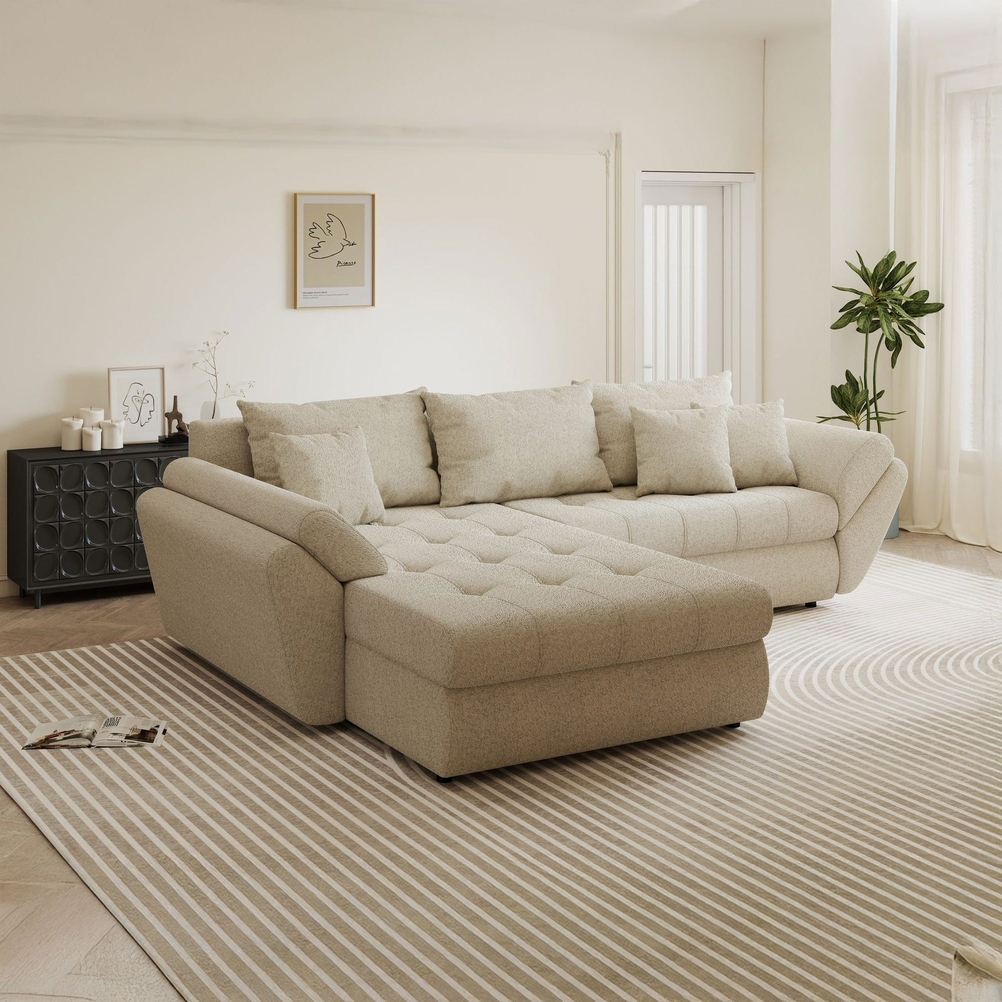 Colțar extensibil dumonde cu ladă de depozitare si sezut confortabil din spuma high-density, Loana Monte Bej 270x185 cm