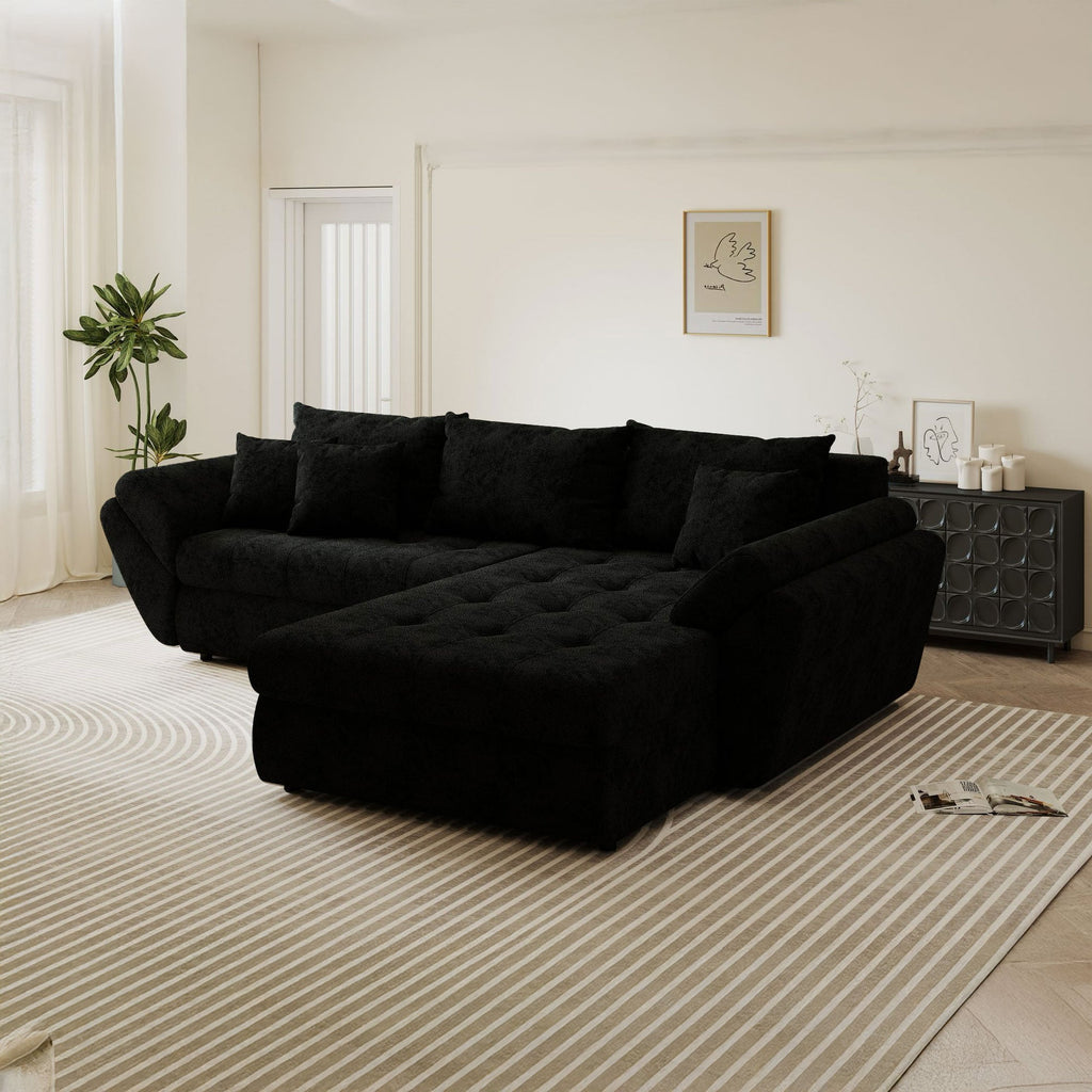 Colțar extensibil dumonde cu ladă de depozitare si sezut confortabil din spuma high-density, Loana Quelle Negru II 270x185 cm