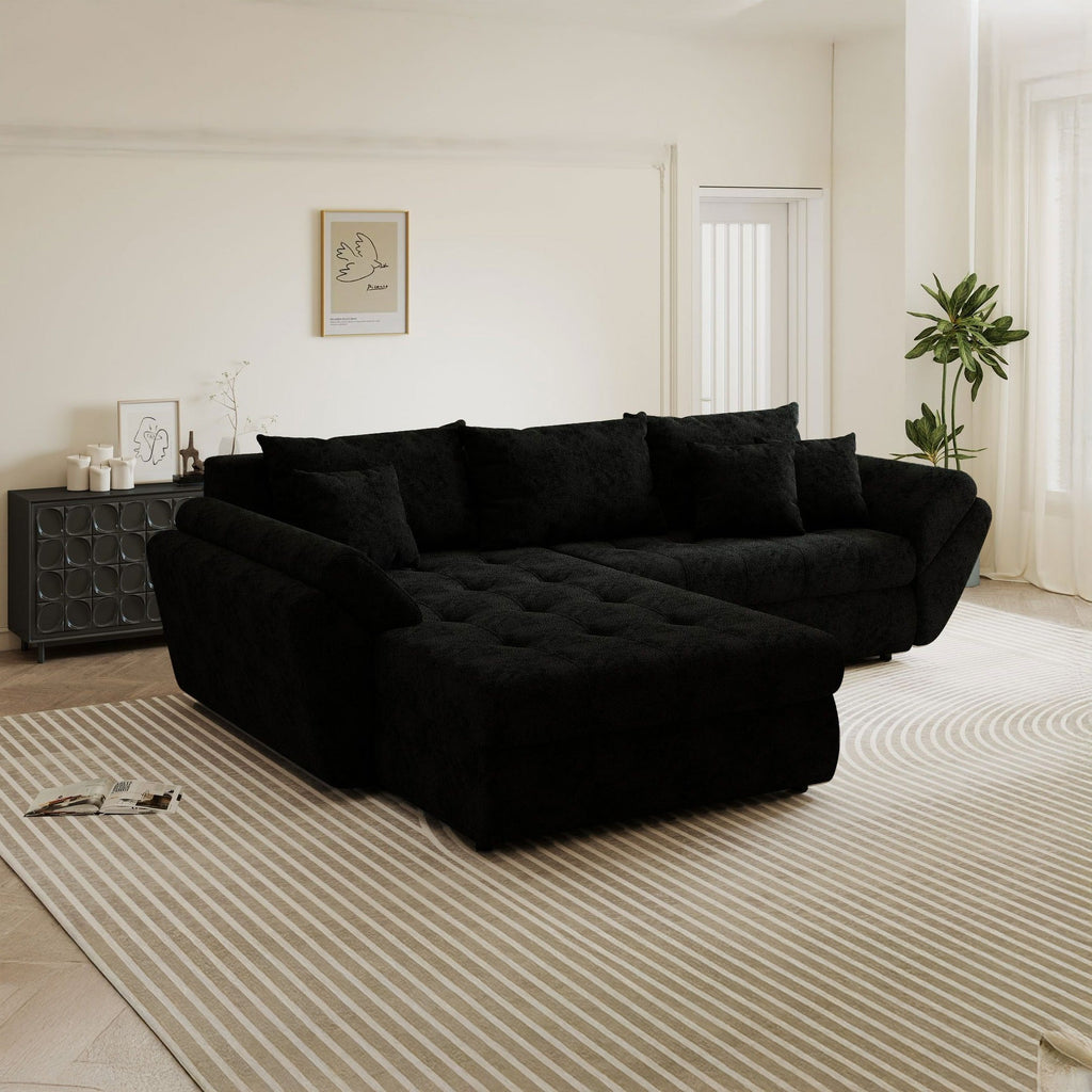 Colțar extensibil dumonde cu ladă de depozitare si sezut confortabil din spuma high-density, Loana Quelle Negru 270x185 cm
