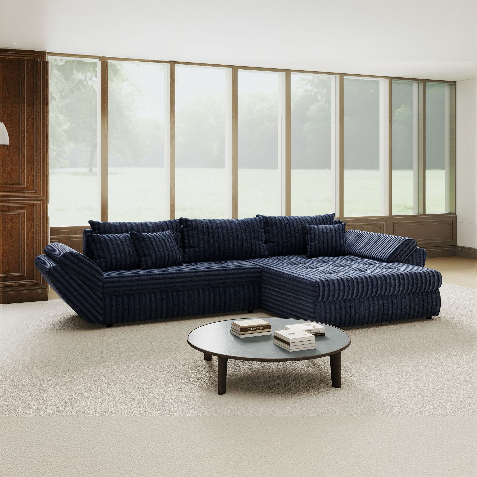Colțar extensibil dumonde cu ladă de depozitare si sezut confortabil din spuma high-density, Loana Tilia Albastru II 270x185 cm