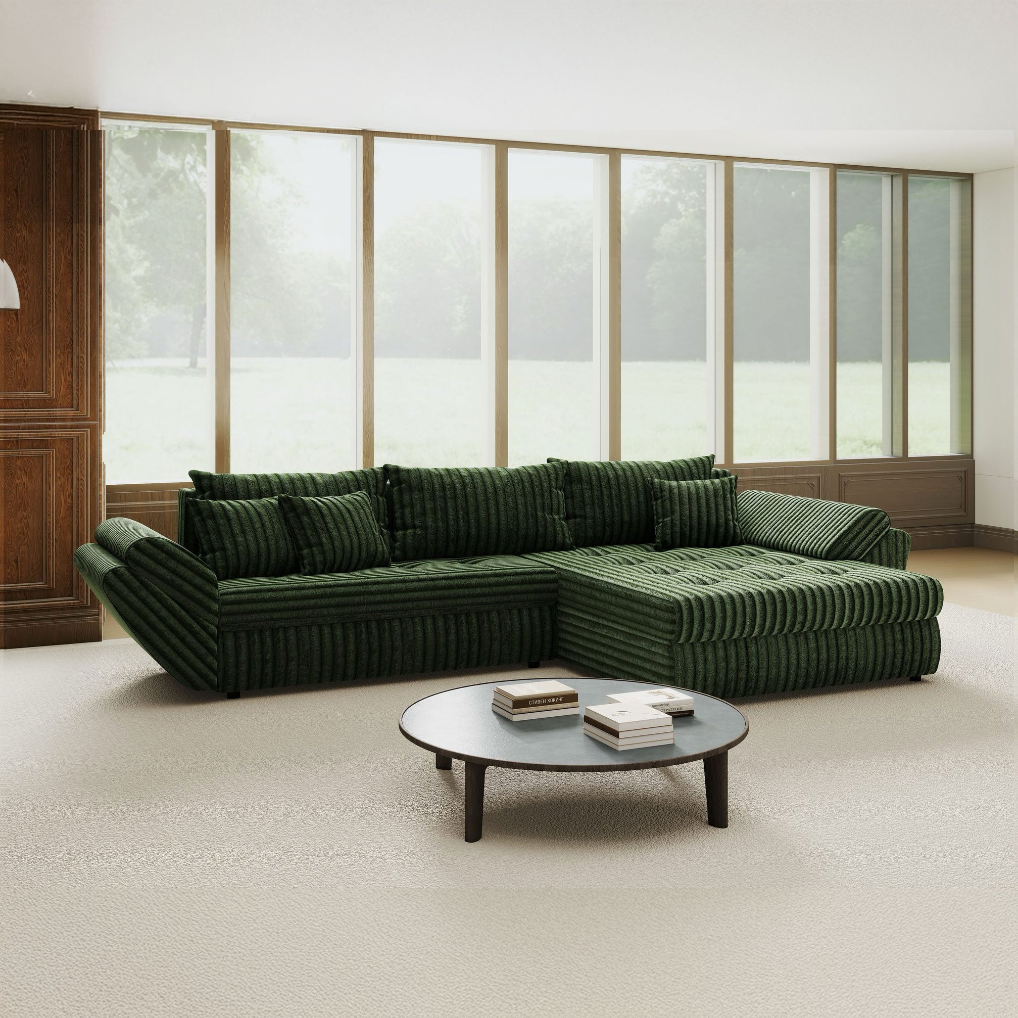 Colțar extensibil dumonde cu ladă de depozitare si sezut confortabil din spuma high-density, Loana Tilia Verde II 270x185 cm