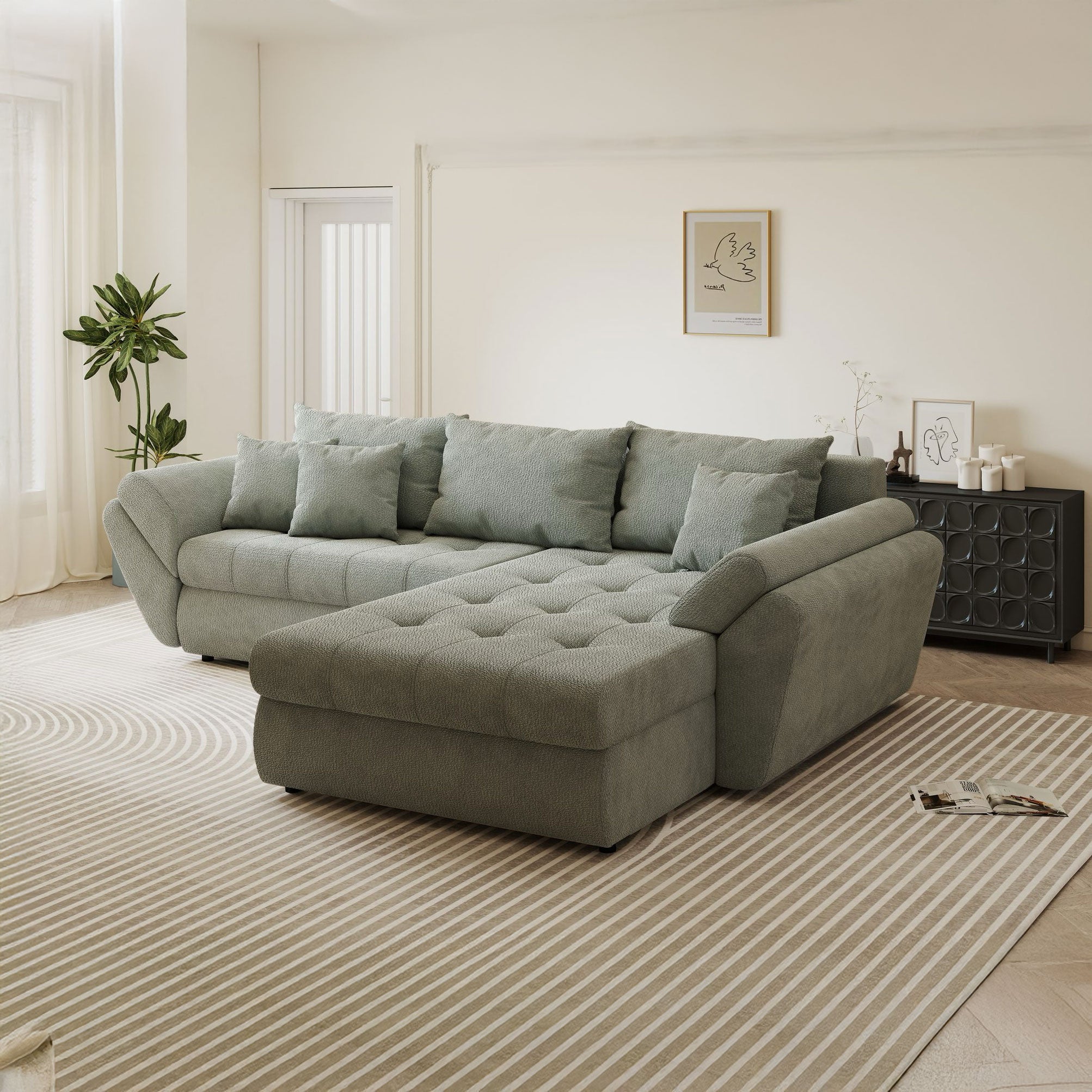 Colțar extensibil dumonde cu ladă de depozitare si sezut confortabil din spuma high-density, Loana Vibe Mint II 270x185 cm