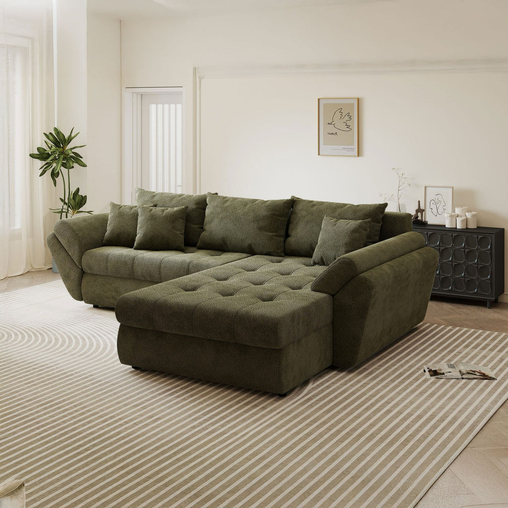 Colțar extensibil dumonde cu ladă de depozitare si sezut confortabil din spuma high-density, Loana Vibe Olive II 270x185 cm