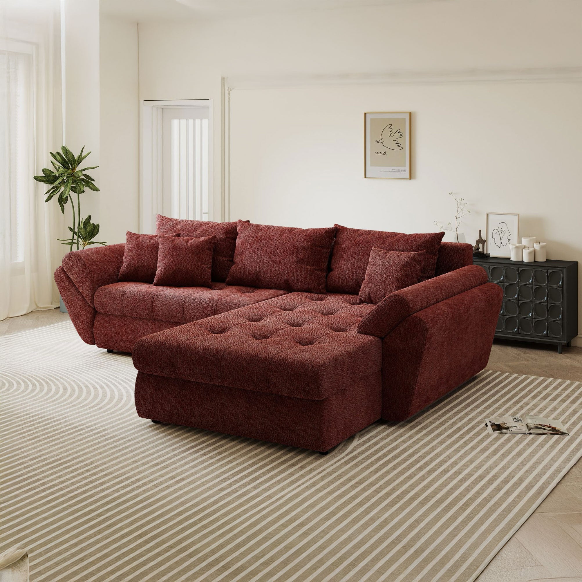 Colțar extensibil dumonde cu ladă de depozitare si sezut confortabil din spuma high-density, Loana Vibe Rosu II 270x185 cm