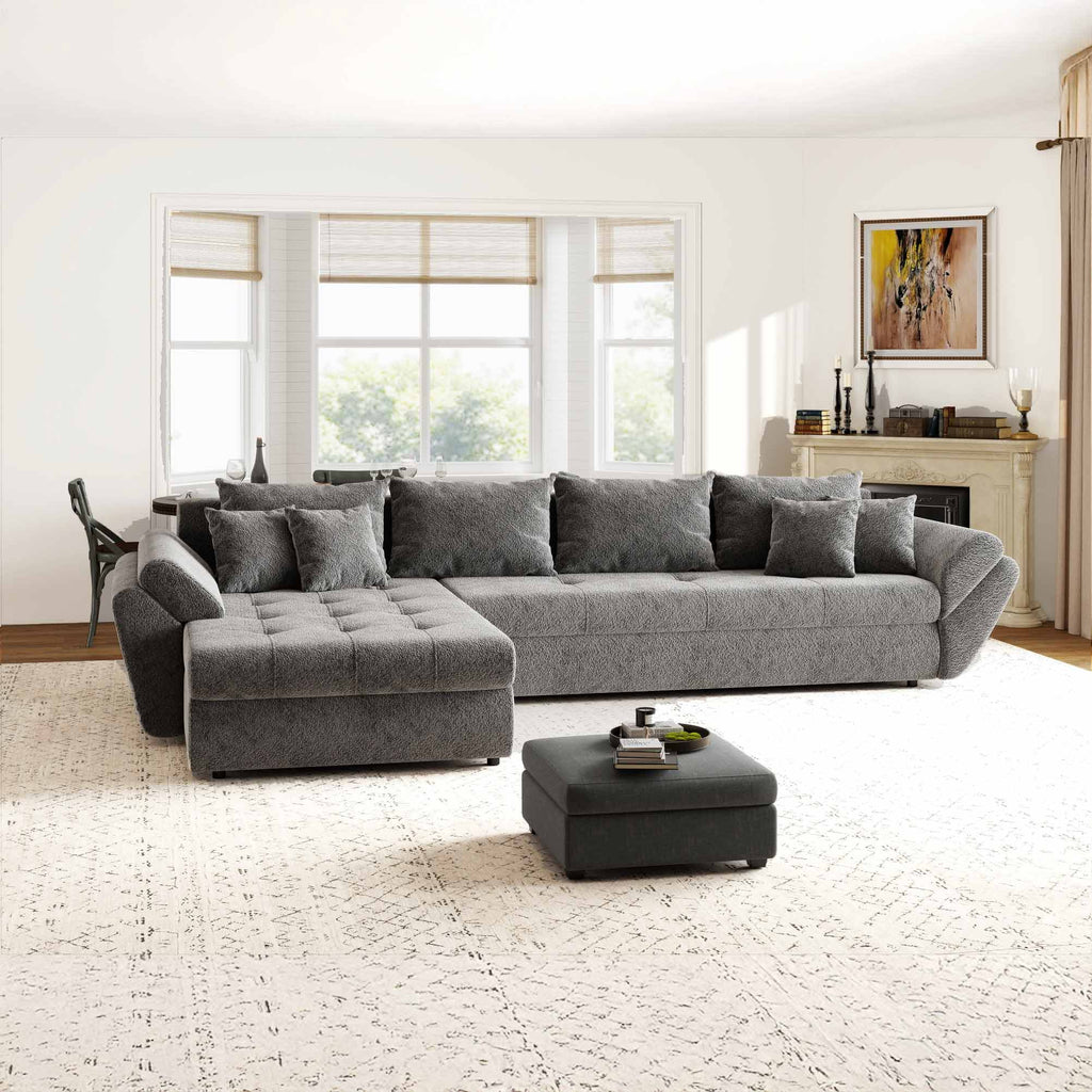 Colțar extensibil dumonde cu ladă de depozitare si sezut confortabil din spuma high-density, Loana XL Arena Gri Grafit 335x185 cm