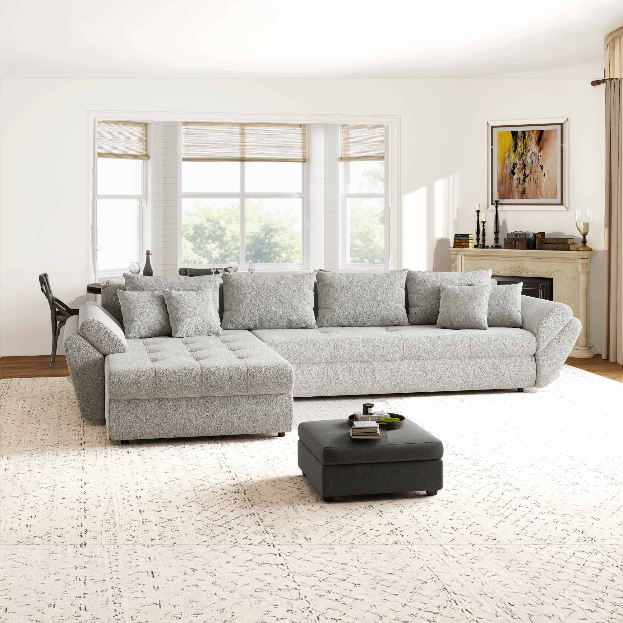 Colțar extensibil dumonde cu ladă de depozitare si sezut confortabil din spuma high-density, Loana XL Arena Gri 335x185 cm