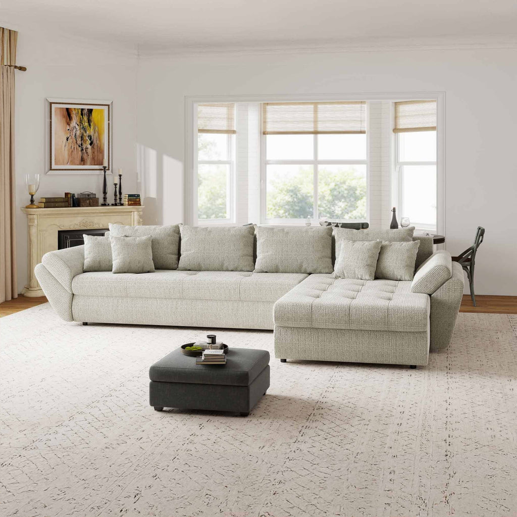 Colțar extensibil dumonde cu ladă de depozitare si sezut confortabil din spuma high-density, Loana XL Cremona Bej 04 II 335x185 cm