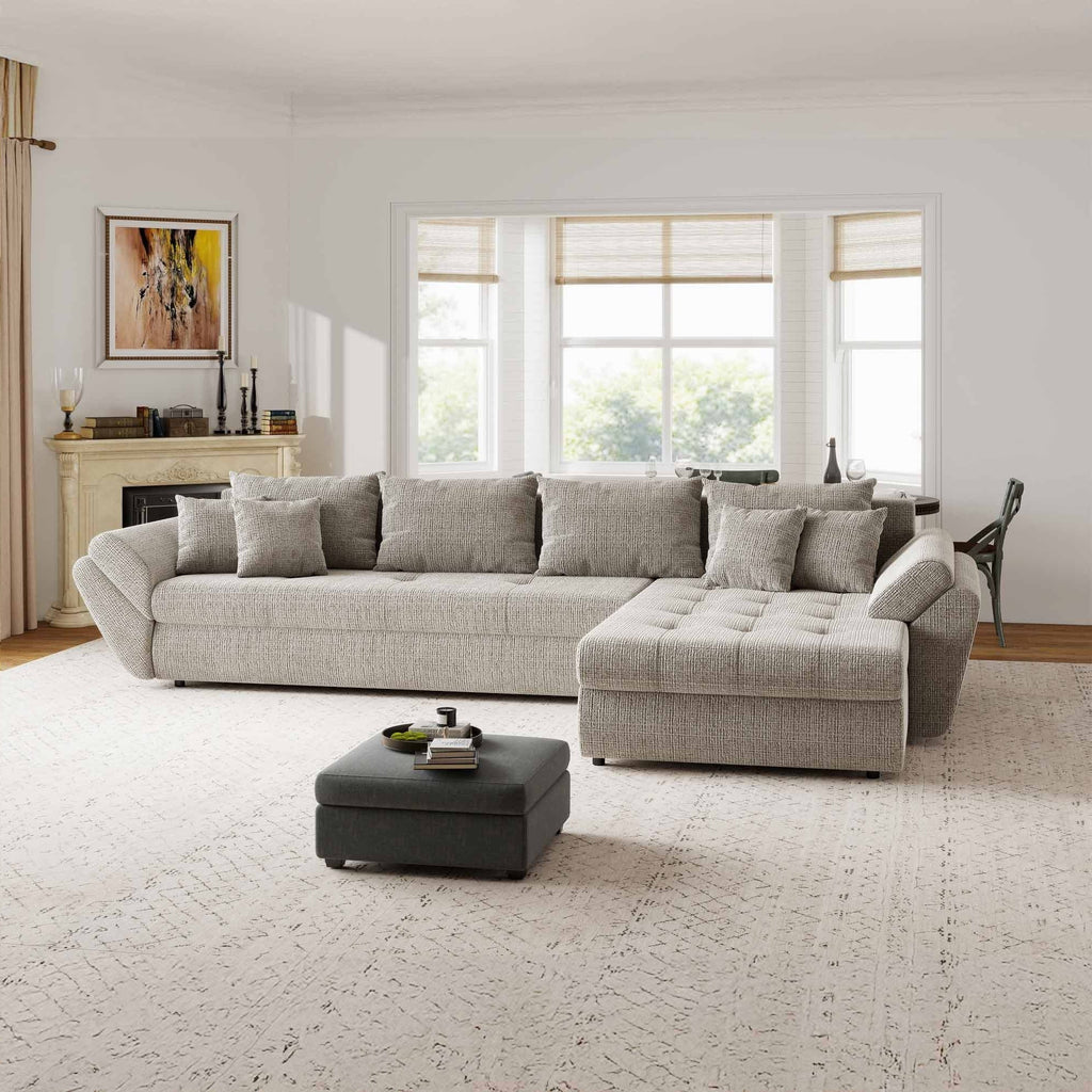Colțar extensibil dumonde cu ladă de depozitare si sezut confortabil din spuma high-density, Loana XL Cremona Bej 14 II 335x185 cm