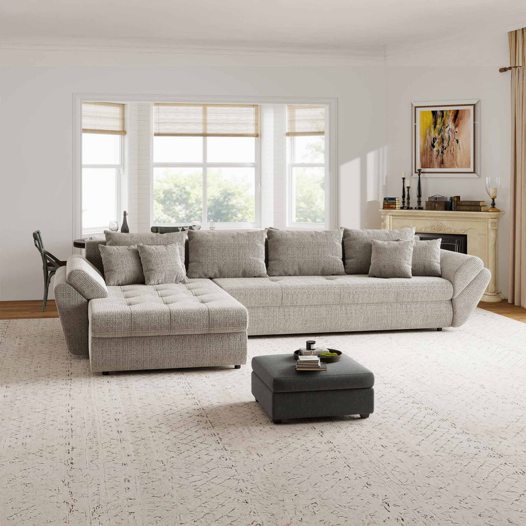 Colțar extensibil dumonde cu ladă de depozitare si sezut confortabil din spuma high-density, Loana XL Cremona Bej 14 335x185 cm