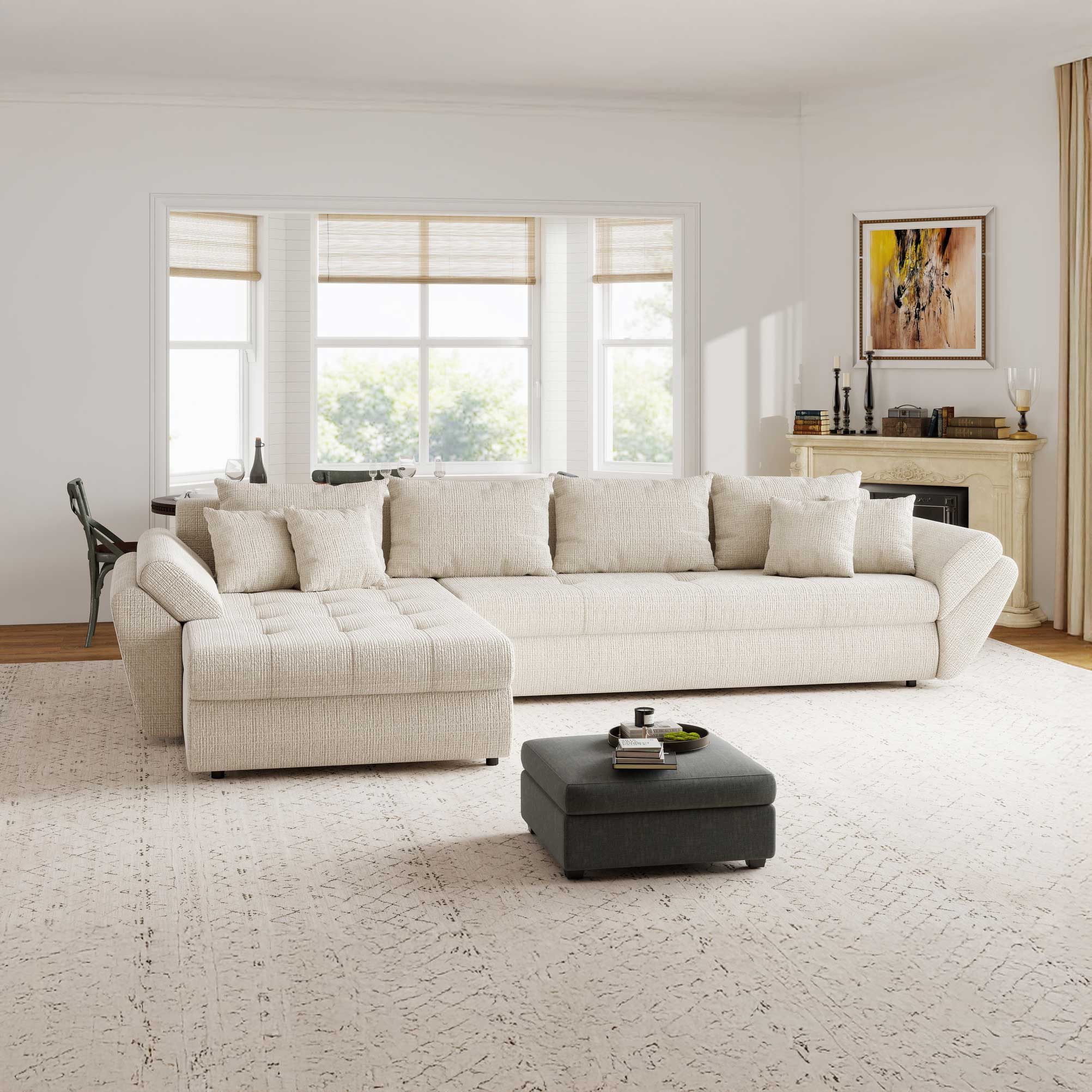 Colțar extensibil dumonde cu ladă de depozitare si sezut confortabil din spuma high-density, Loana XL Cremona Gri Deschis 335x185 cm