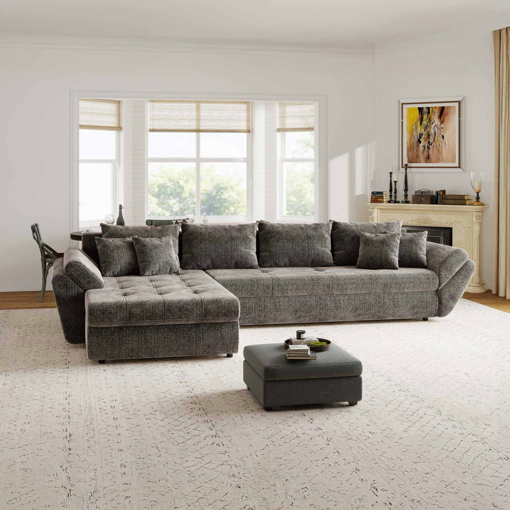 Colțar extensibil dumonde cu ladă de depozitare si sezut confortabil din spuma high-density, Loana XL Cremona Maro-bej 335x185 cm