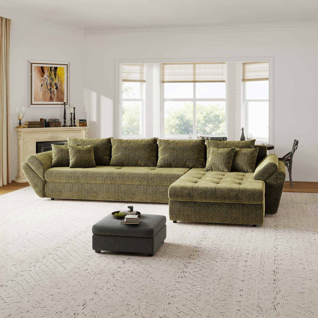 Colțar extensibil dumonde cu ladă de depozitare si sezut confortabil din spuma high-density, Loana XL Cremona Olive II 335x185 cm
