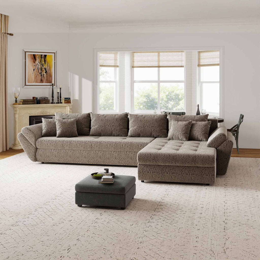 Colțar extensibil dumonde cu ladă de depozitare si sezut confortabil din spuma high-density, Loana XL Jaguar Maro Cappuccino II 335x185 cm