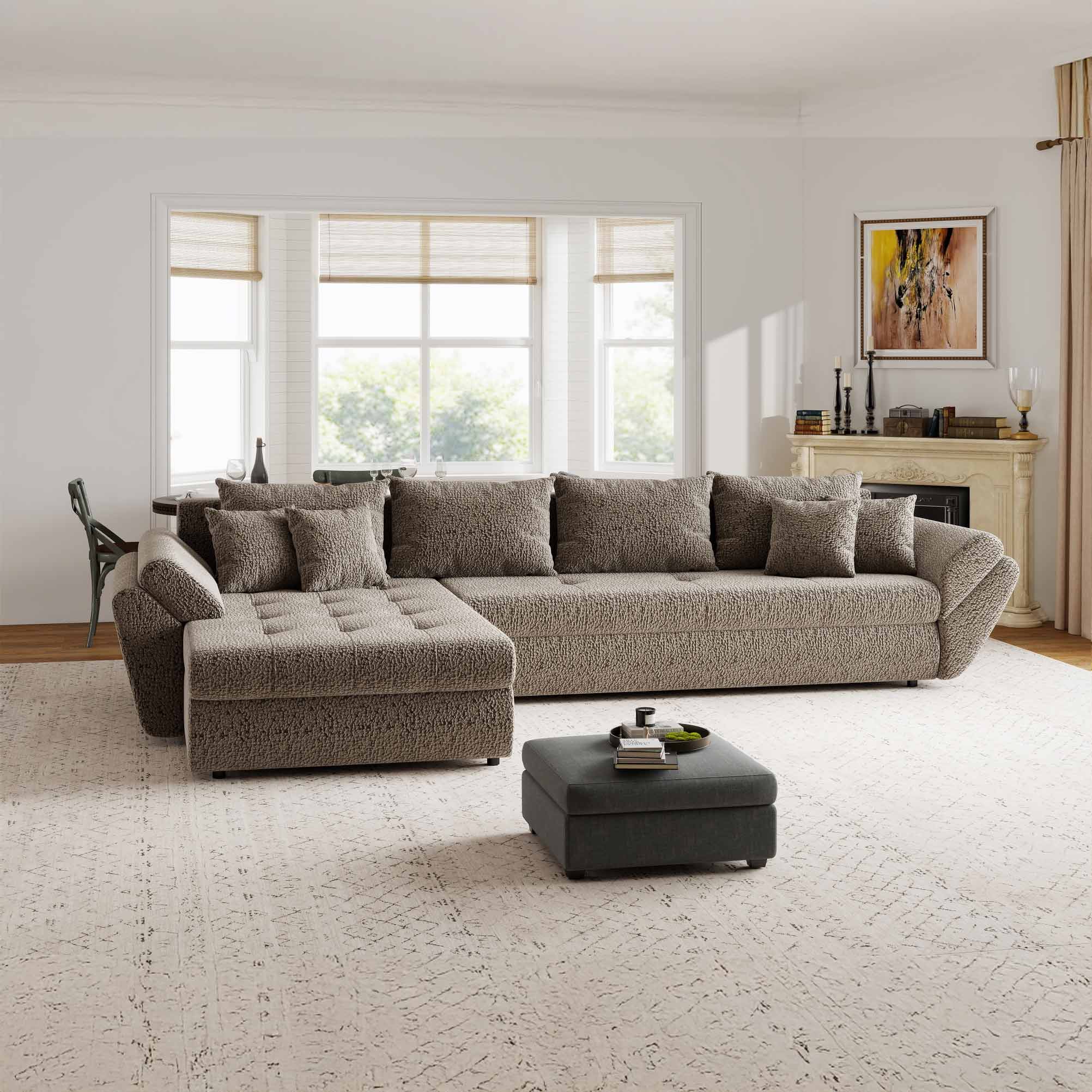 Colțar extensibil dumonde cu ladă de depozitare si sezut confortabil din spuma high-density, Loana XL Jaguar Maro Cappuccino 335x185 cm