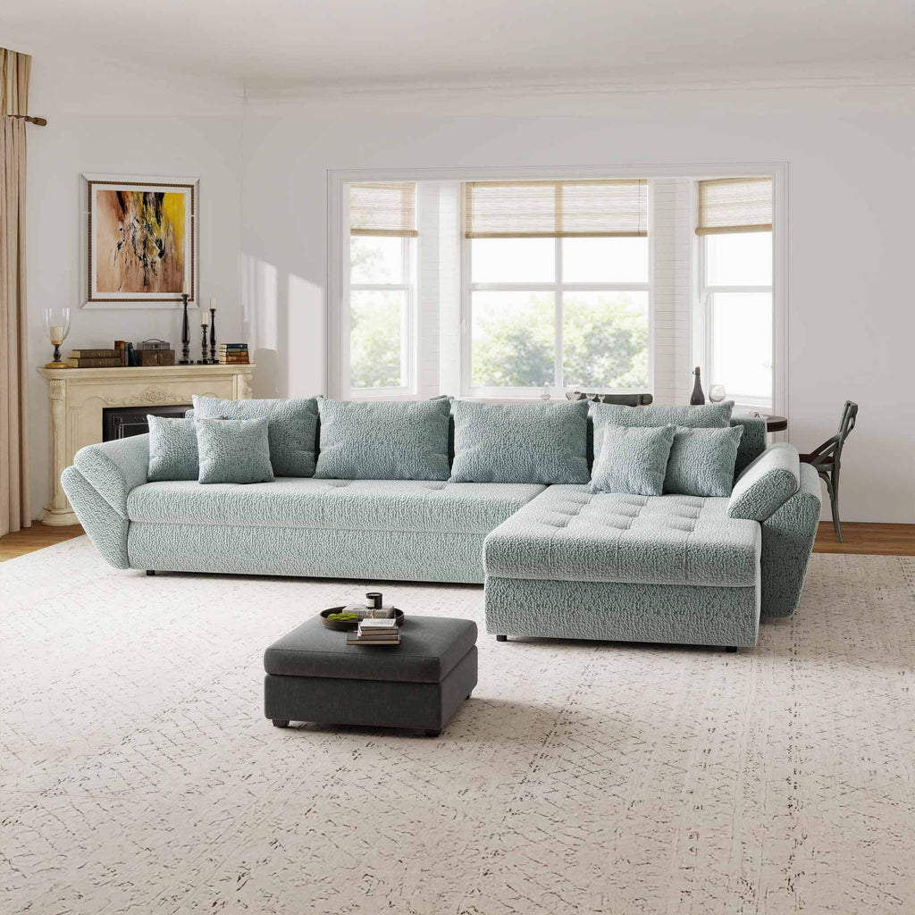 Colțar extensibil dumonde cu ladă de depozitare si sezut confortabil din spuma high-density, Loana XL Jaguar Verde Mint II 335x185 cm
