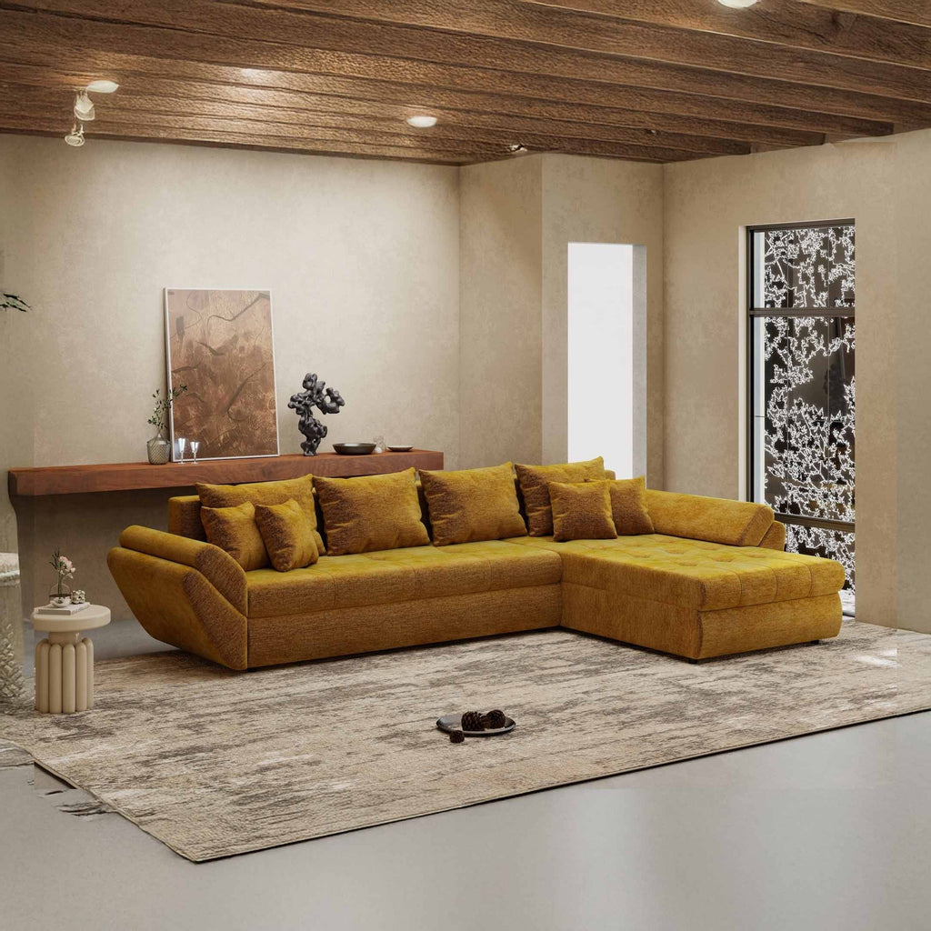 Colțar extensibil dumonde cu ladă de depozitare si sezut confortabil din spuma high-density, Loana XL Monolith Mustar II 335x185 cm