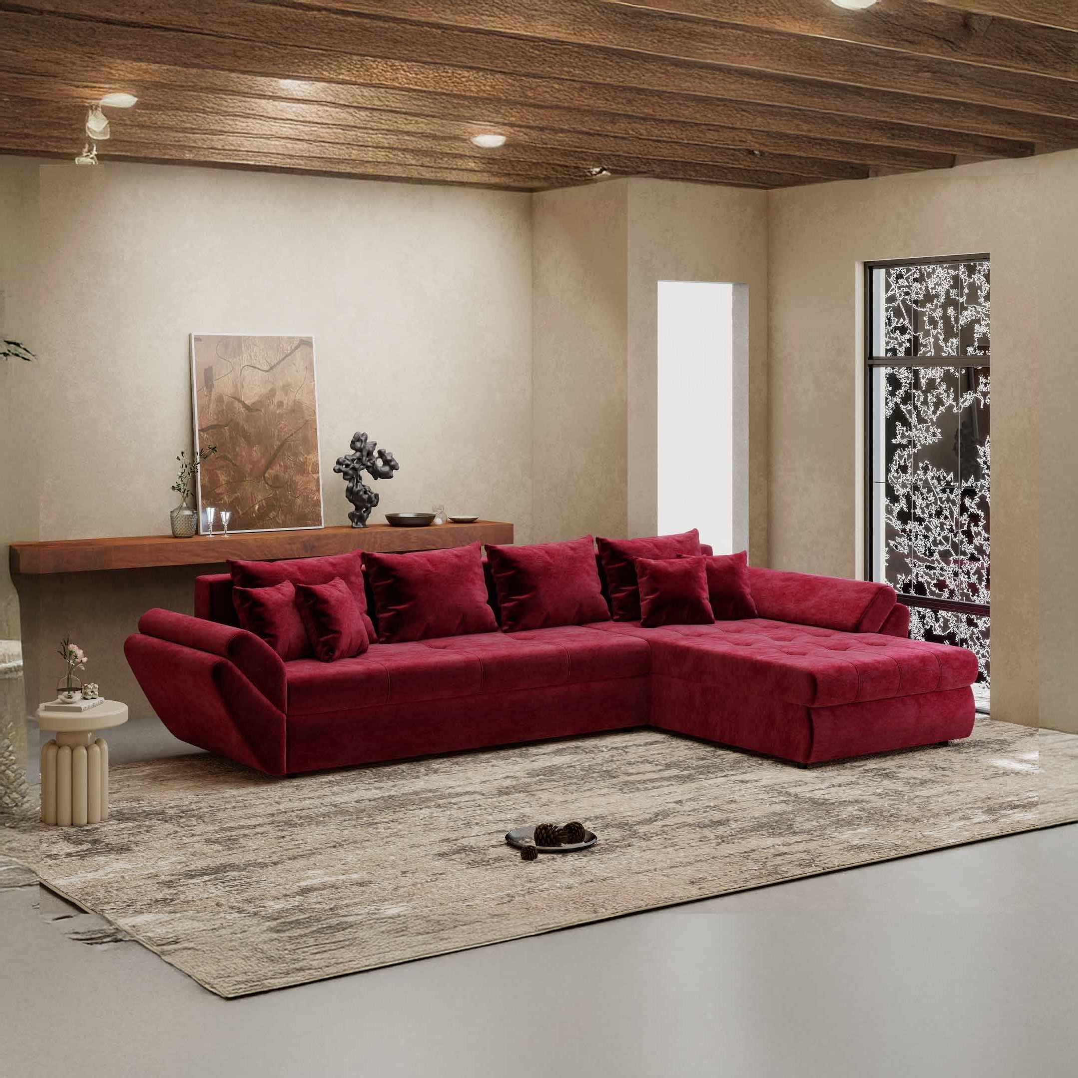 Colțar extensibil dumonde cu ladă de depozitare si sezut confortabil din spuma high-density, Loana XL Monolith Rosu II 335x185 cm