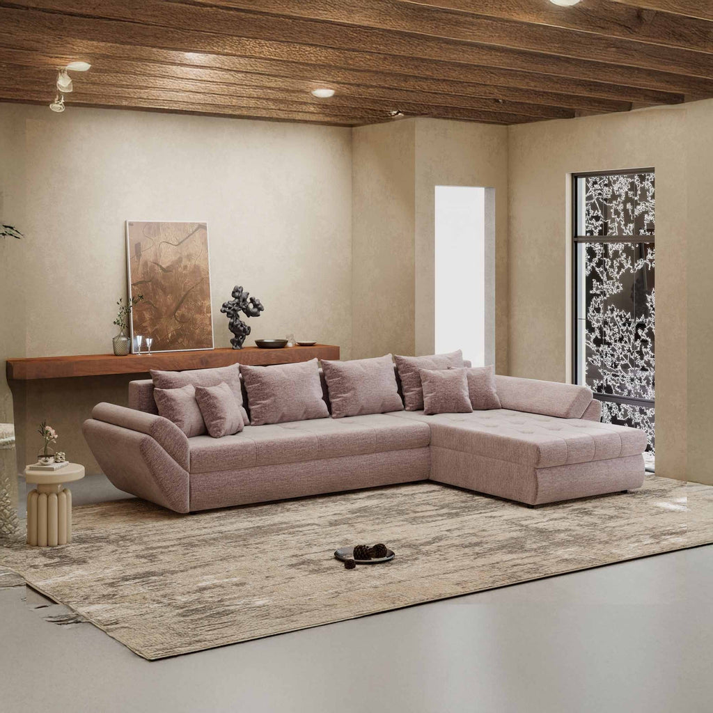 Colțar extensibil dumonde cu ladă de depozitare si sezut confortabil din spuma high-density, Loana XL Monolith Roz Pudrat II 335x185 cm