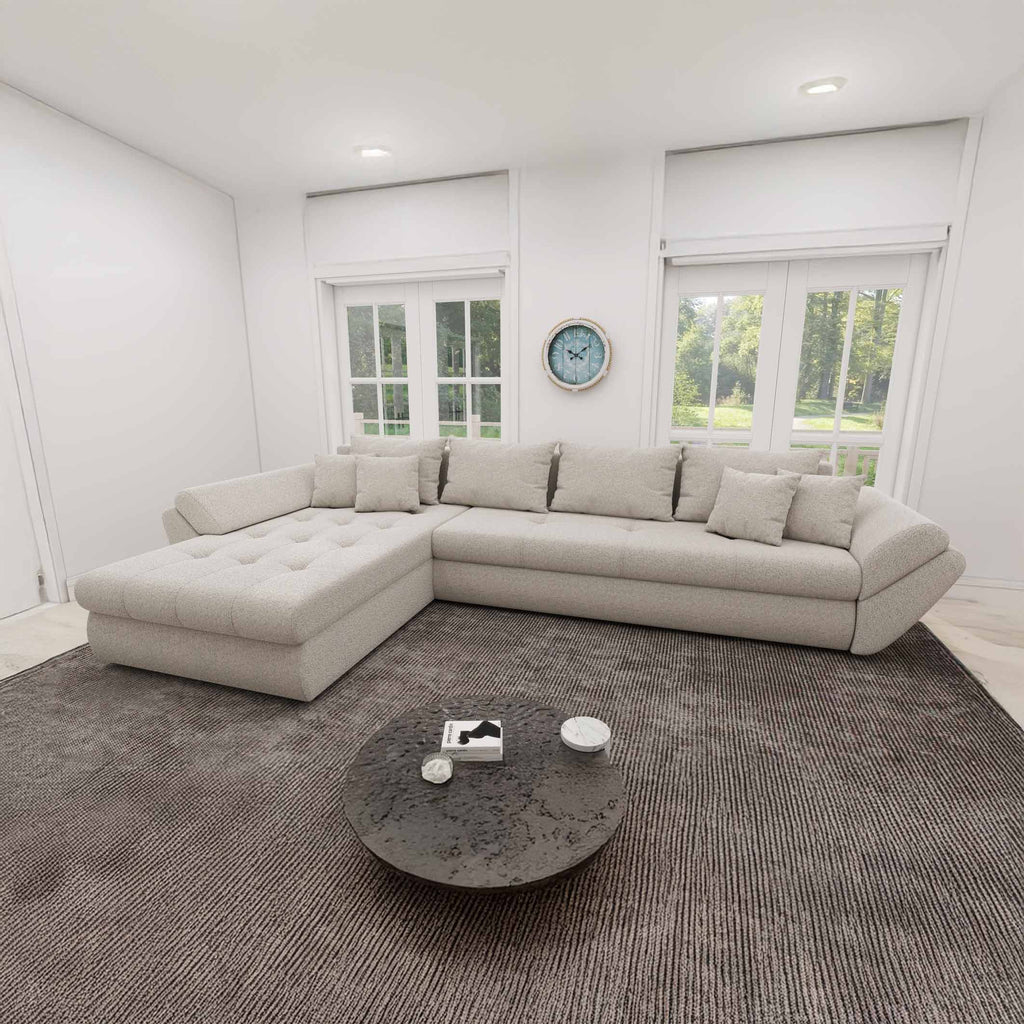 Colțar extensibil dumonde cu ladă de depozitare si sezut confortabil din spuma high-density, Loana XL Monte Bej 335x185 cm