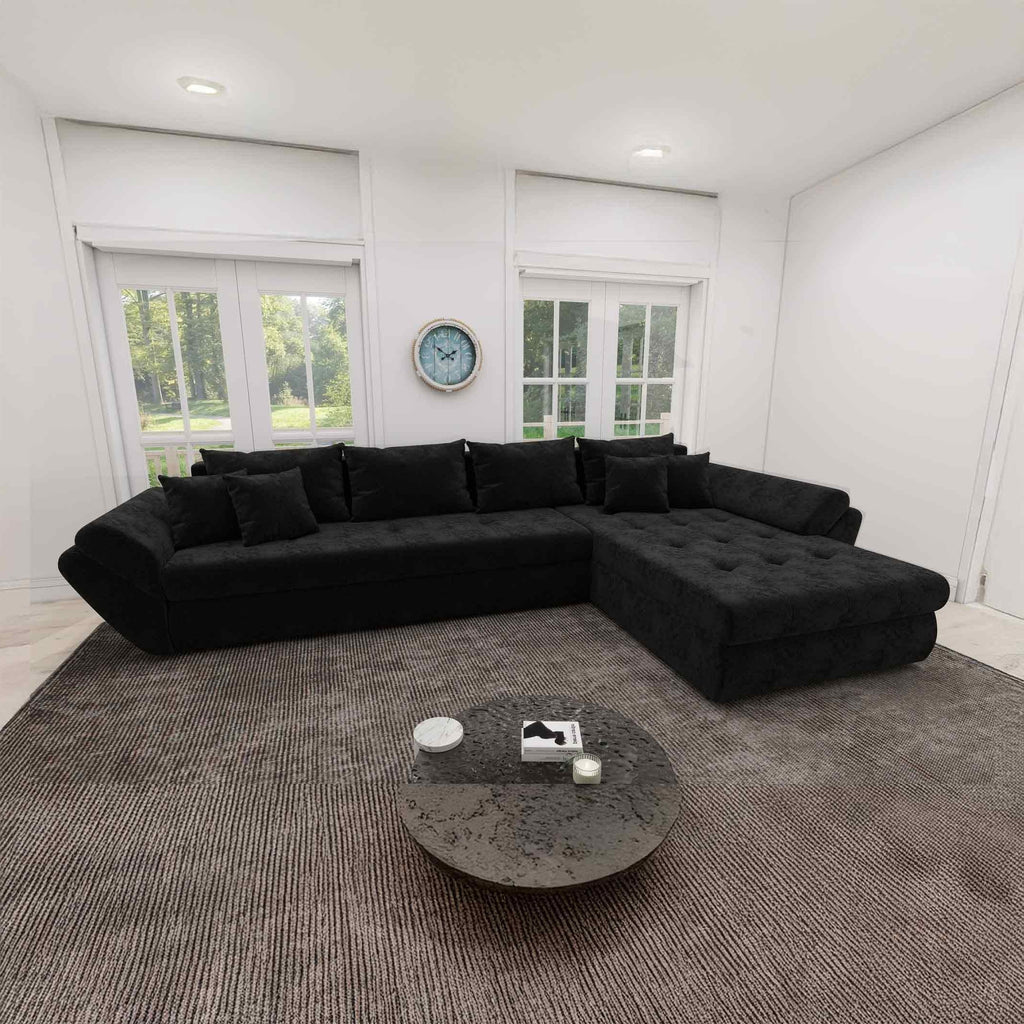 Colțar extensibil dumonde cu ladă de depozitare si sezut confortabil din spuma high-density, Loana XL Monte Negru II 335x185 cm