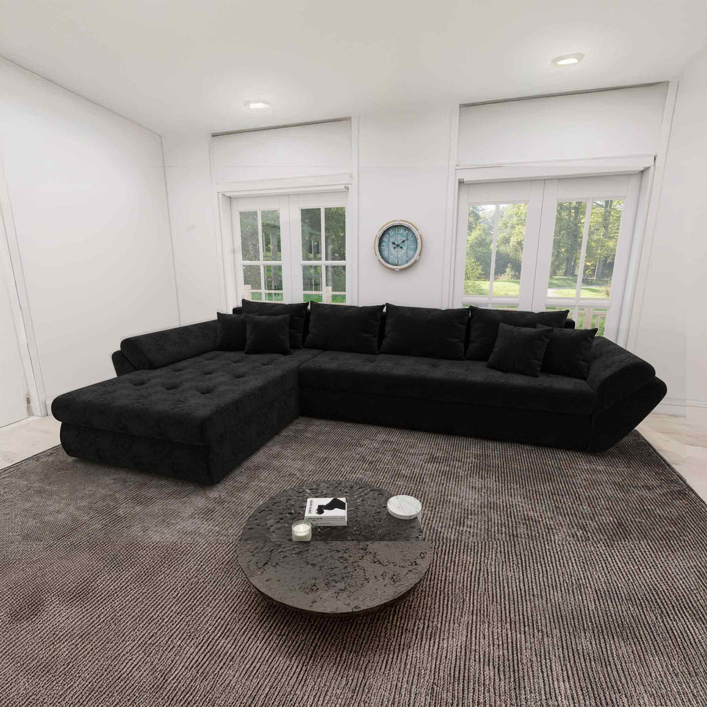 Colțar extensibil dumonde cu ladă de depozitare si sezut confortabil din spuma high-density, Loana XL Monte Negru 335x185 cm