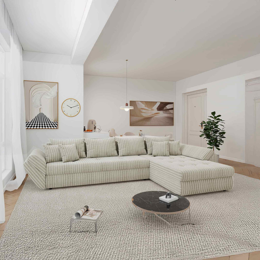 Colțar extensibil dumonde cu ladă de depozitare si sezut confortabil din spuma high-density, Loana XL Tilia Gri- Bej II 335x185 cm