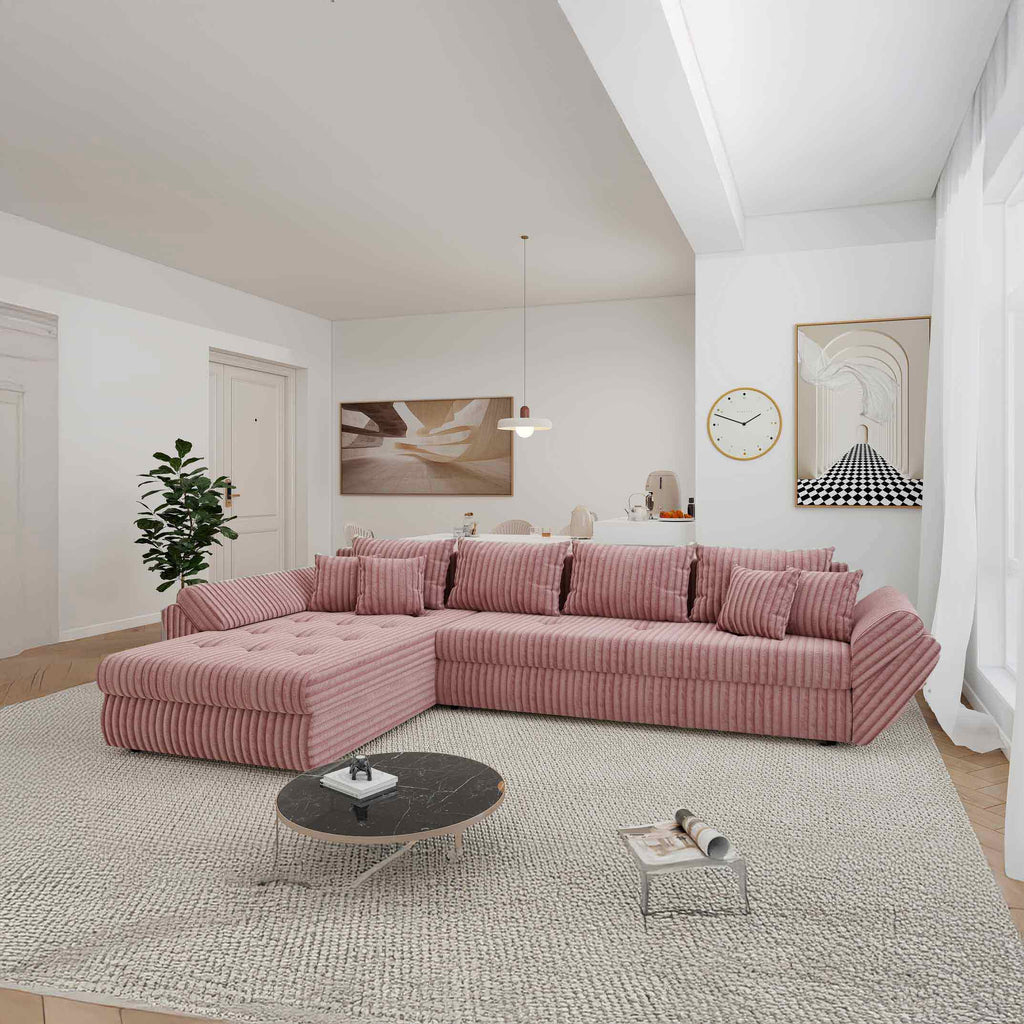 Colțar extensibil dumonde cu ladă de depozitare si sezut confortabil din spuma high-density, Loana XL Tilia Roz Pudrat 335x185 cm