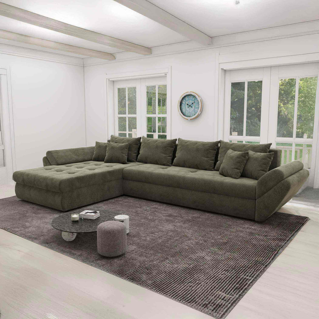 Colțar extensibil dumonde cu ladă de depozitare si sezut confortabil din spuma high-density, Loana XL Vibe Olive 335x185 cm