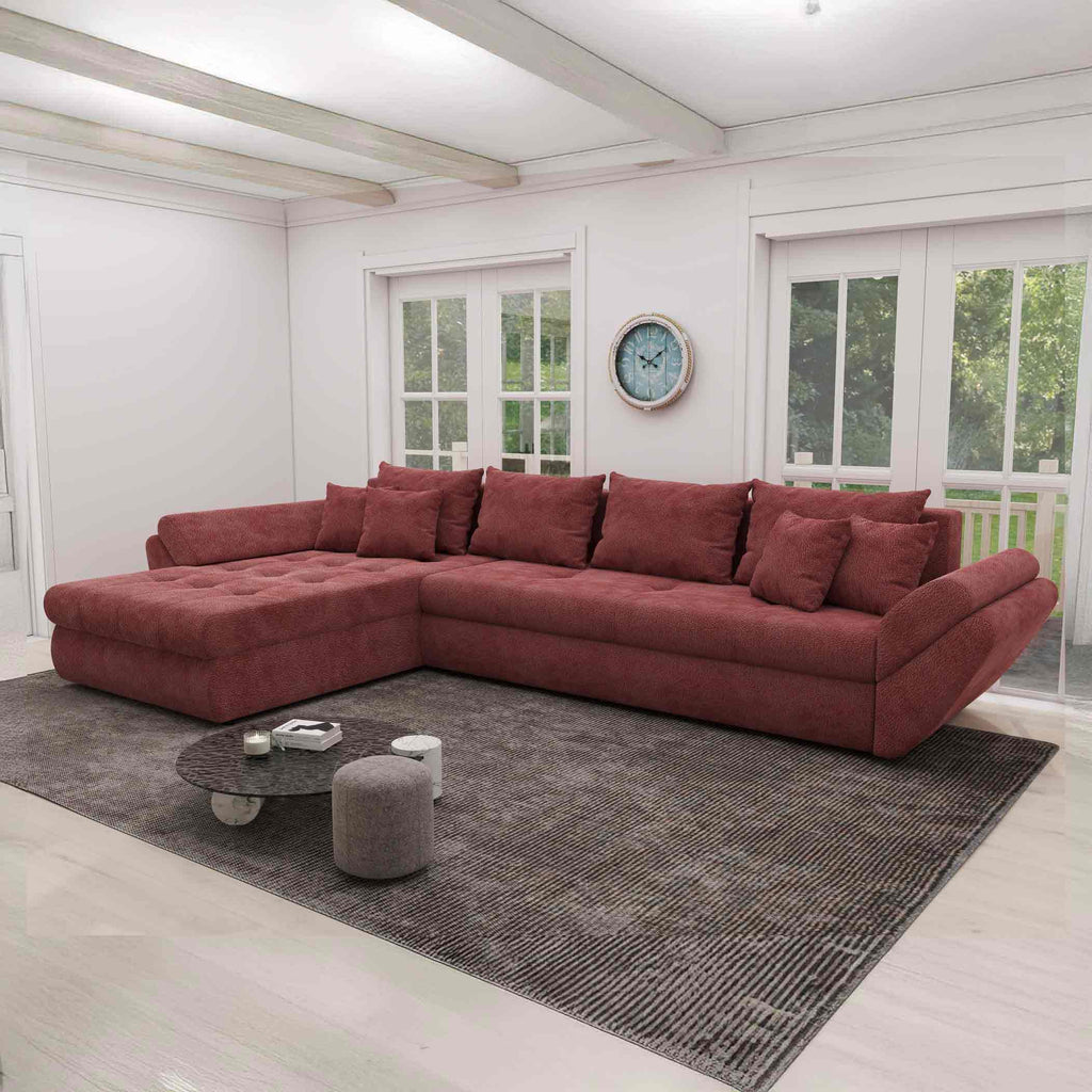 Colțar extensibil dumonde cu ladă de depozitare si sezut confortabil din spuma high-density, Loana XL Vibe Rosu 335x185 cm