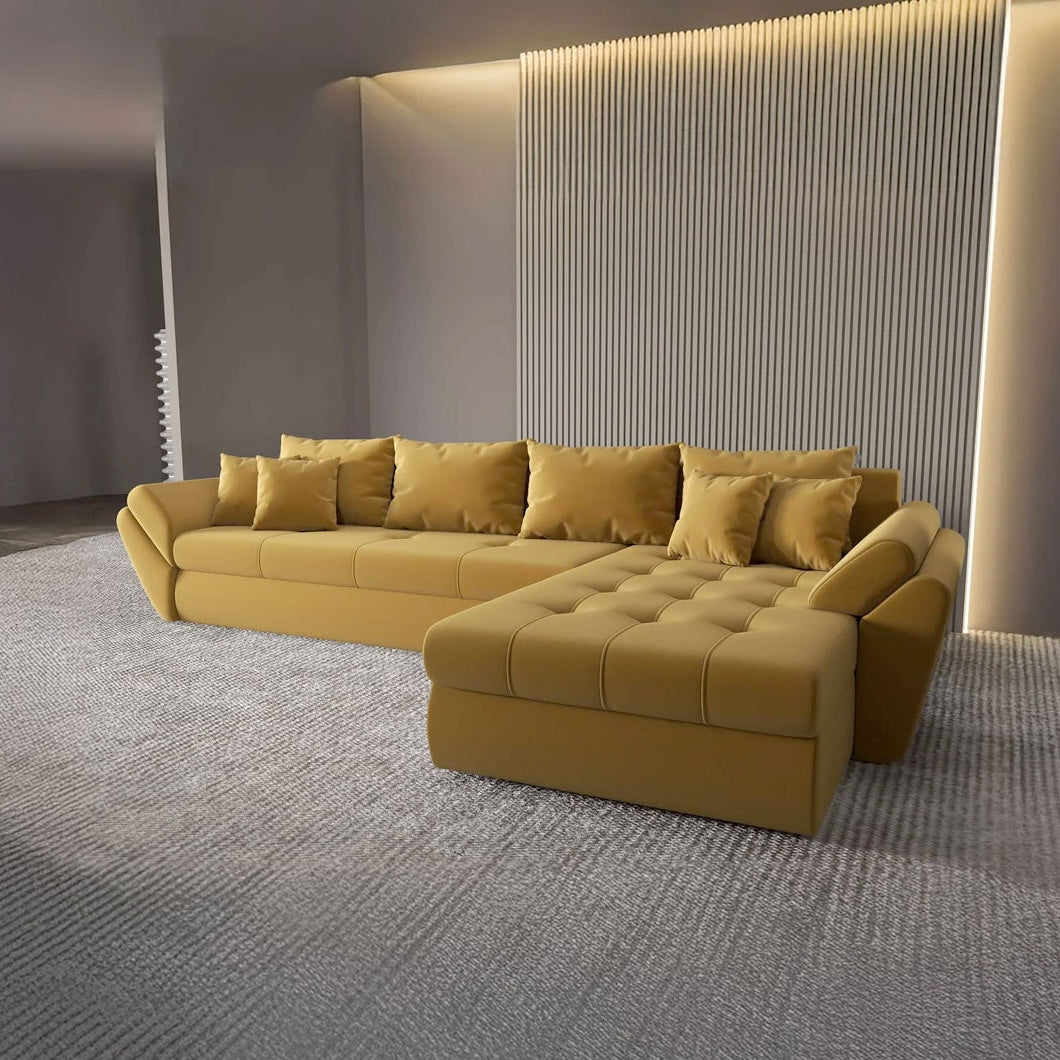 Colțar extensibil dumonde cu ladă de depozitare si sezut confortabil din spuma high-density, Loana XL Royal Mustar II 335x185 cm