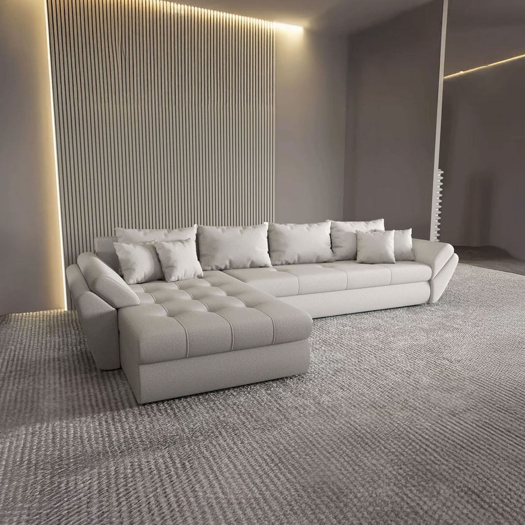 Colțar extensibil dumonde cu ladă de depozitare si sezut confortabil din spuma high-density, Loana XL Enjoy Beige 335x185 cm