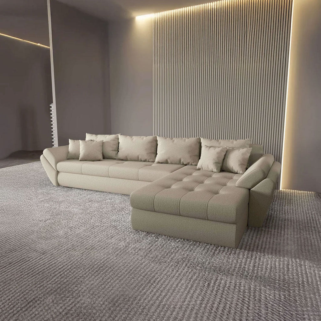 Colțar extensibil dumonde cu ladă de depozitare si sezut confortabil din spuma high-density, Loana XL Enjoy Camel II 335x185 cm