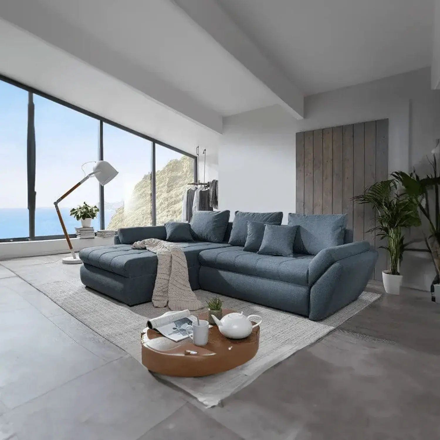 Colțar extensibil dumonde cu ladă de depozitare si sezut confortabil din spuma high-density, Loana Enjoy Blue 270x185 cm