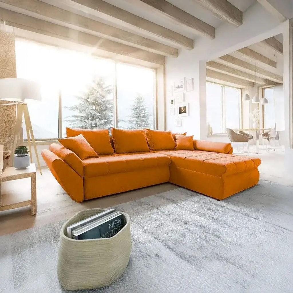 Colțar extensibil dumonde cu ladă de depozitare si sezut confortabil din spuma high-density, Loana Enjoy Orange II 270x185 cm