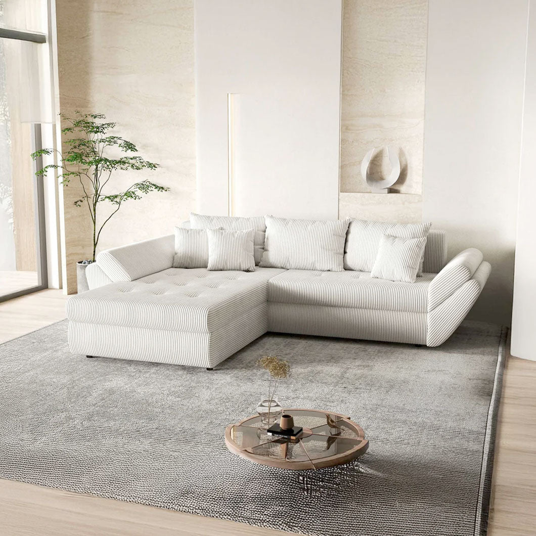 Colțar extensibil dumonde cu ladă de depozitare si sezut confortabil din spuma high-density, Loana Zoom Crem 270x185 cm