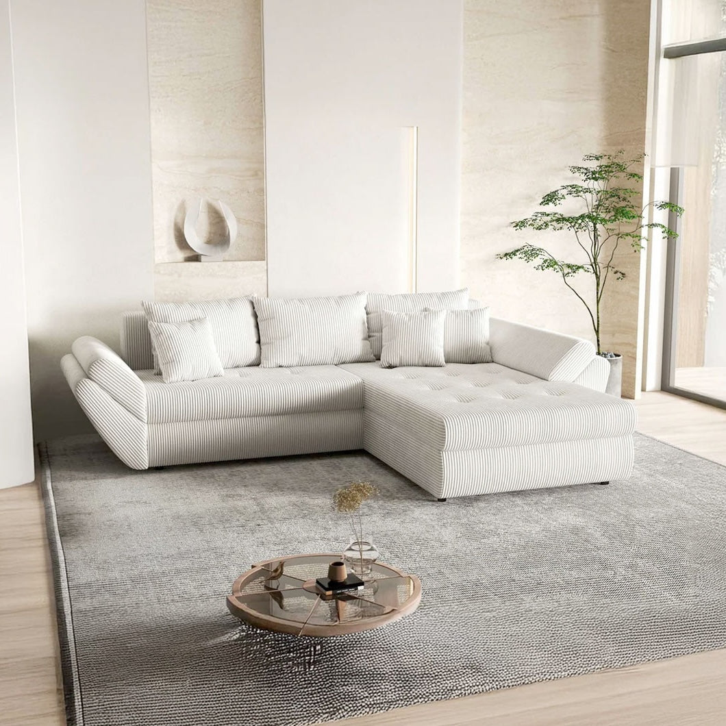Colțar extensibil dumonde cu ladă de depozitare si sezut confortabil din spuma high-density, Loana Zoom Crem II 270x185 cm