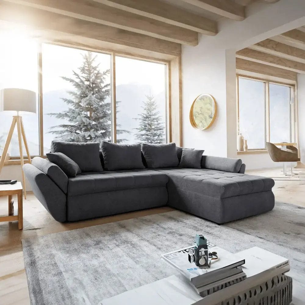 Colțar extensibil dumonde cu ladă de depozitare si sezut confortabil din spuma high-density, Loana Enjoy Grafit II 270x185 cm